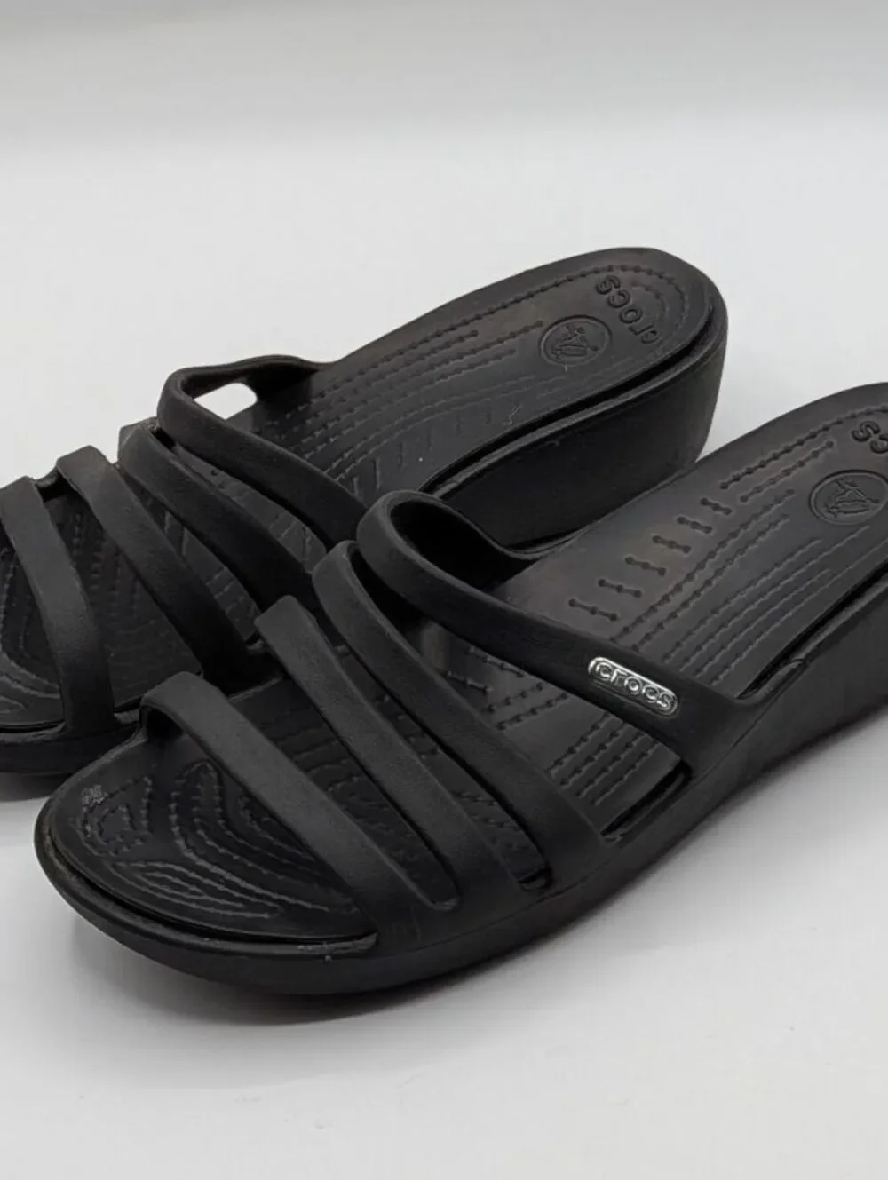 Crocs Size 7 $60 Black Huarache Strappy Comfort Slide Sandals Casual Lightweight